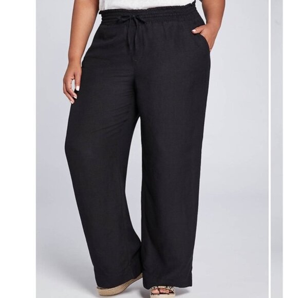 Lane Bryant Linen Pants Black High Rise Elastic Pull-On Wide Leg Trousers 24 - Picture 1 of 8
